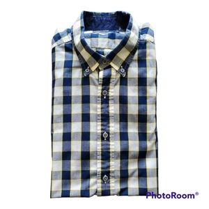 Navy Blue, Yellow, and White short sleeve button down shirt.
